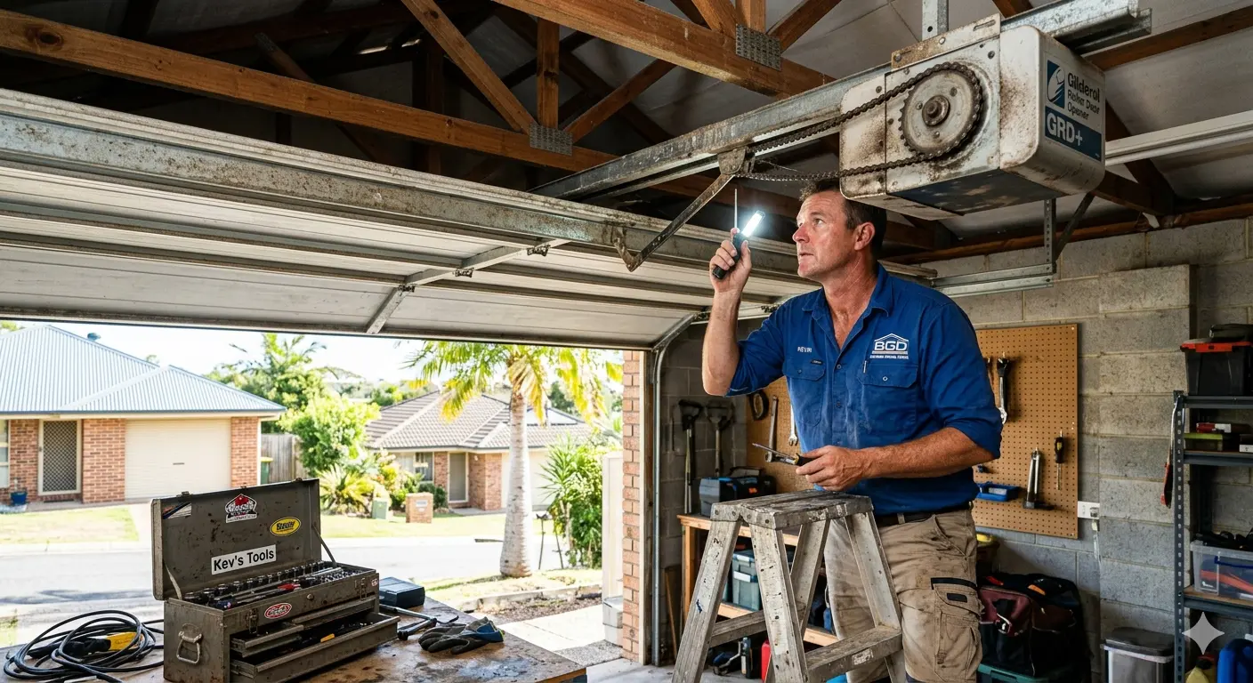 garage door motor grinding noise brisbane technician inspecting opener