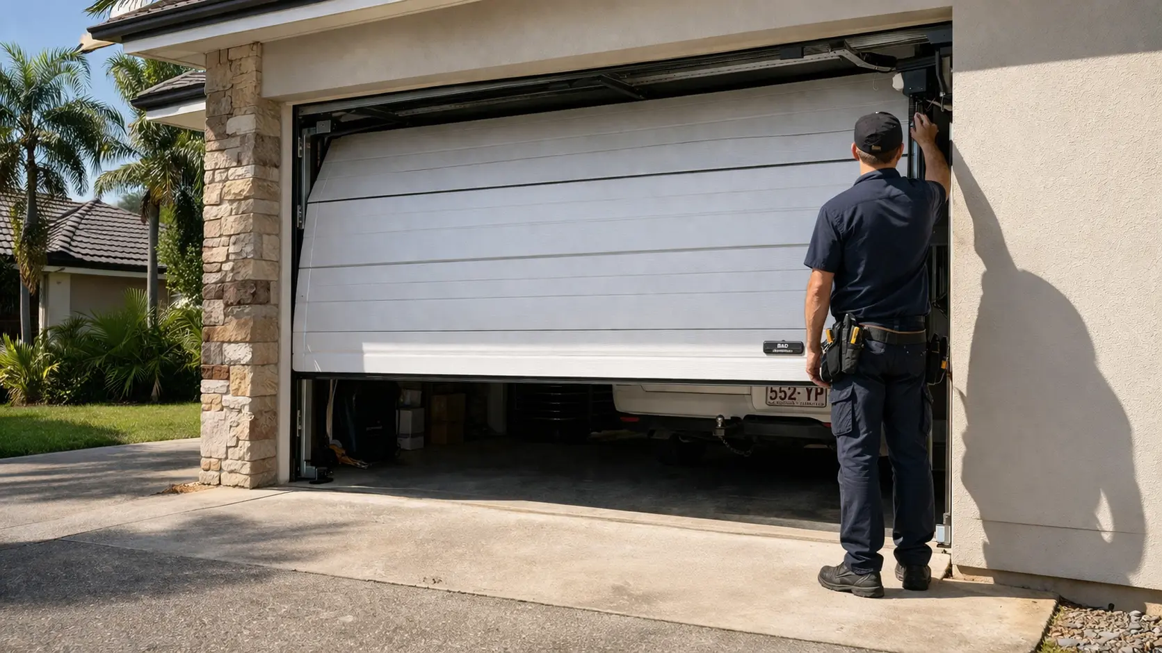 Garage door not closing properly in Brisbane home with technician inspecting the issue