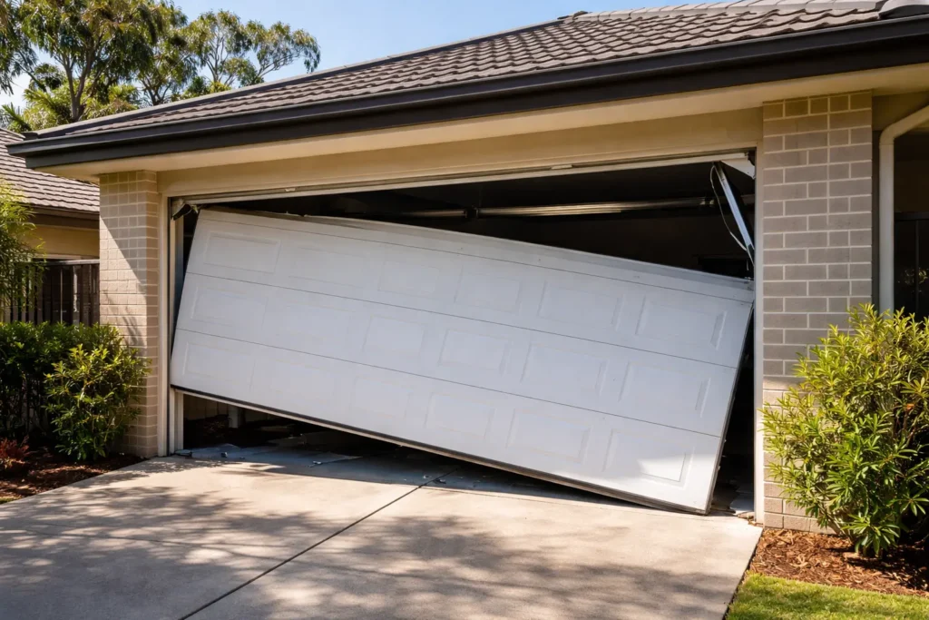 Garage door off track in Brisbane residential home with misaligned rollers and damaged track