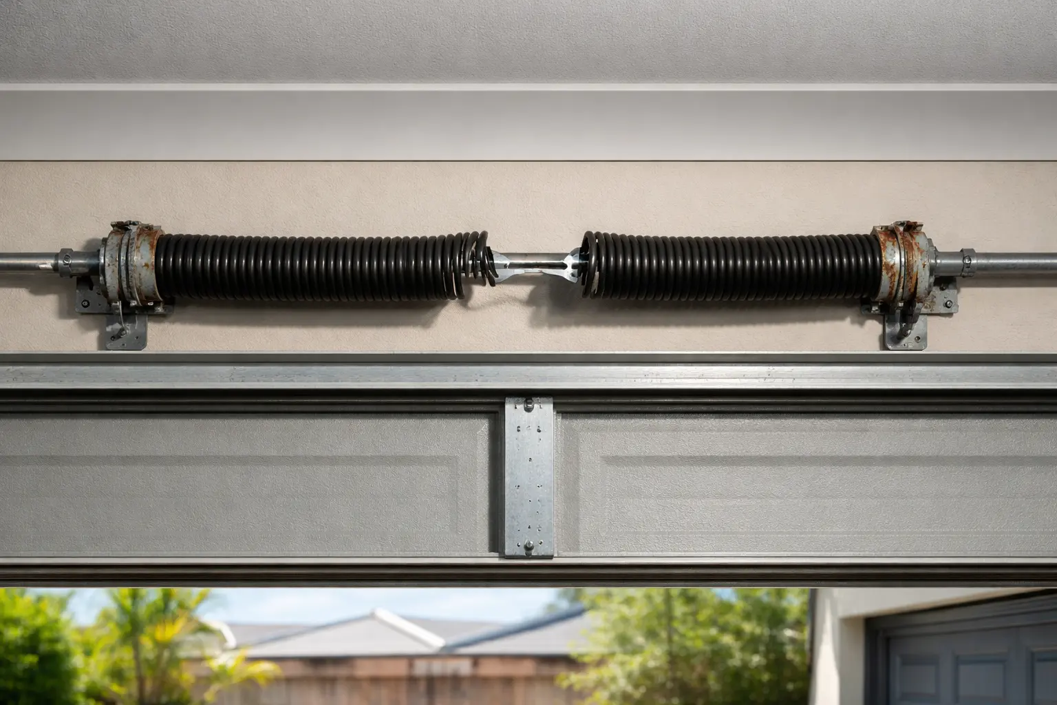 Broken garage door spring in Brisbane residential garage with damaged tension system visible